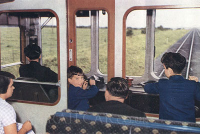 Children sharing a driver's eye view on a DMU