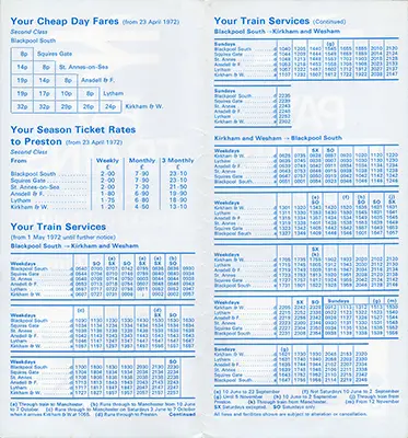 May 1972 Blackpool South - Kirkham & Wesham timetable inside