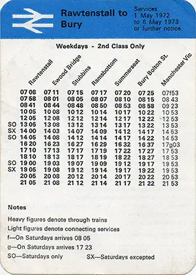 May 1972 Rawtenstall - Bury timetable