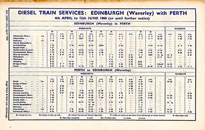 Back of April 1960 Edinburgh - Perth timetable