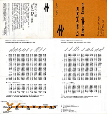 Exmouth - Exeter and Barnstaple - Exeter January 1981 timetable outside