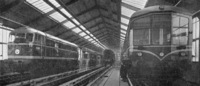 Inside railway maintenance depot building containing locomotive and DMU