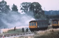 No details with this slide, one of two showing a fire on a Class 117 DMS. The headcode is still in use so circa early/mid-1970s, possibly on the Berks & Hants line.
