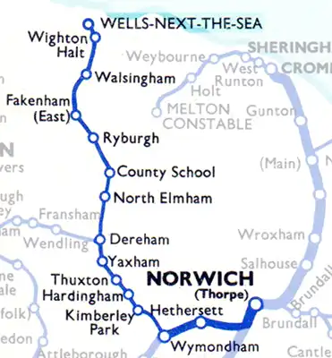 Route diagram Norwich to Wells