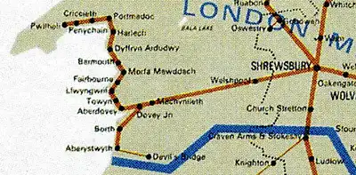 Route map Shrewsbury to Aberystwyth and Pwllheli