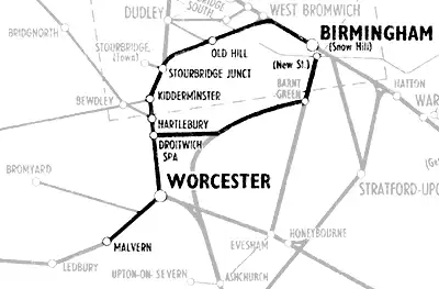 Birmingham - Malvern route diagram