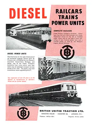 British United Traction advert showing ACV railcar and foreign vehicles
