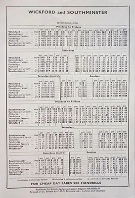 Wickford - Southminster 16th June 1960 timetable rear