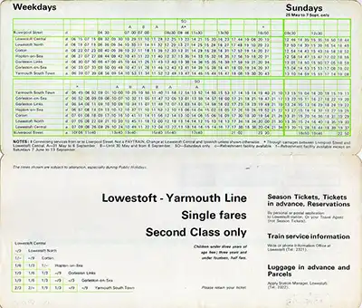 Inside of May 1969 Lowestoft - Yarmouth timetable