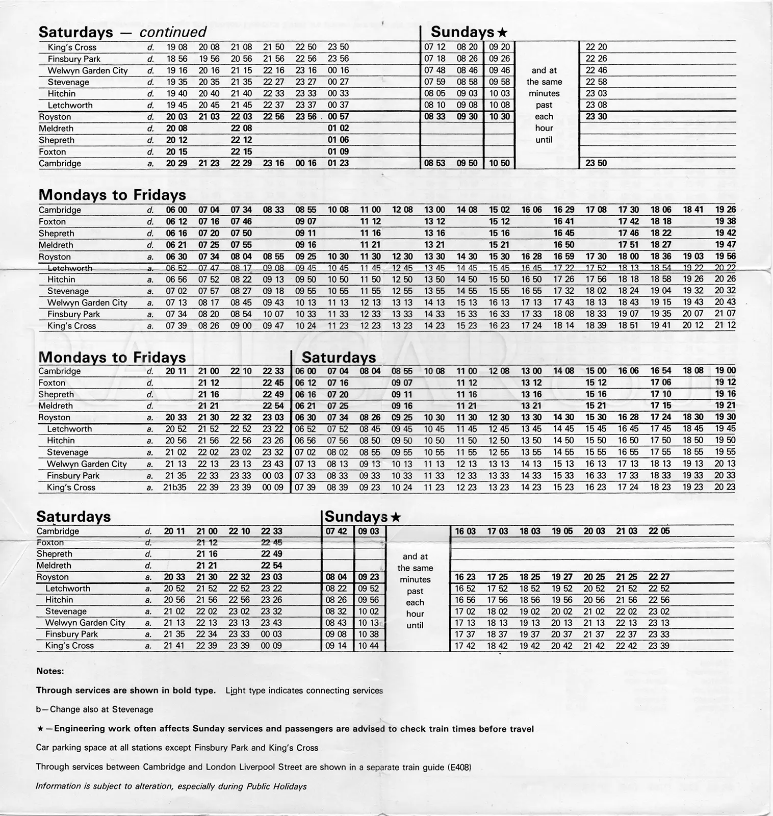 Royston - Cambridge May 1980 timetable inside