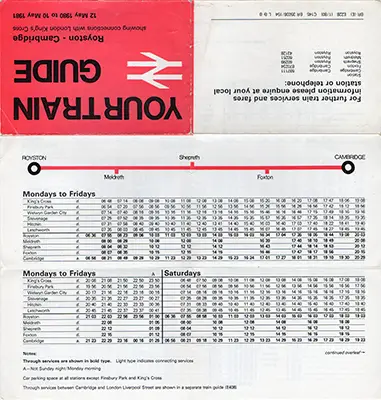 Royston - Cambridge May 1980 timetable outside