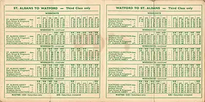 Inside of July 1955 Watford - St Albans timetable