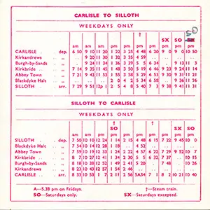 Winter 1956 Silloth timetable, reverse