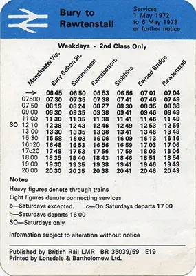 May 1972 Bury - Rawtenstall timetable
