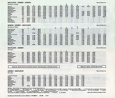 June 1981 Sinfin - Derby - Matlock timetable inside