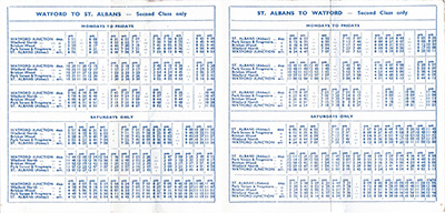 Inside of September 1962 Watford - St Albans timetable