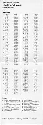 May 1972 Leeds - York timetable inside