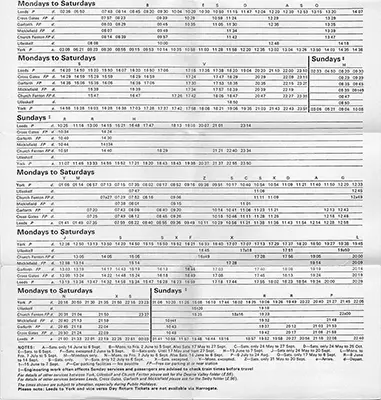 May 1975 Leeds - York timetable inside