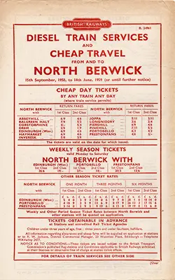 Edinburgh - North Berwick September 1958 timetable with times and fares