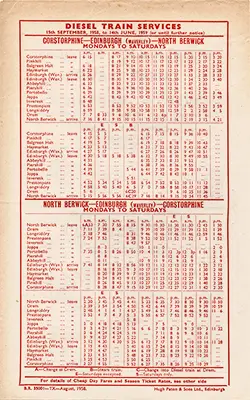 Edinburgh - North Berwick September 1958 timetable with times and fares, rear