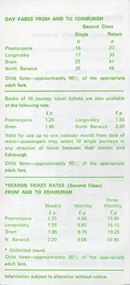 Rear of 1972 Edinburgh - North Berwick timetable