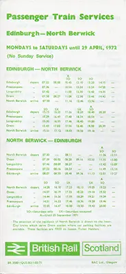 Front of 1972 Edinburgh - North Berwick timetable
