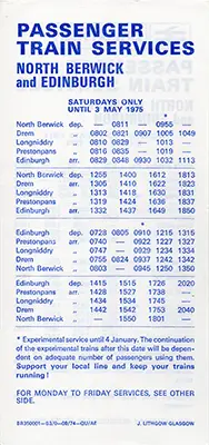 Rear of 1975 Edinburgh - North Berwick timetable