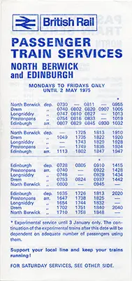 Front of 1975 Edinburgh - North Berwick timetable