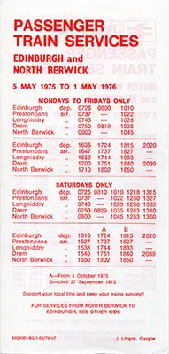 Rear of May 1975 Edinburgh - North Berwick timetable