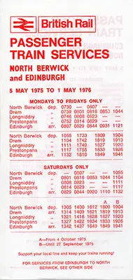 Front of May 1975 Edinburgh - North Berwick timetable
