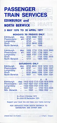 Rear of May 1976 Edinburgh - North Berwick timetable