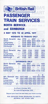 Front of May 1976 Edinburgh - North Berwick timetable