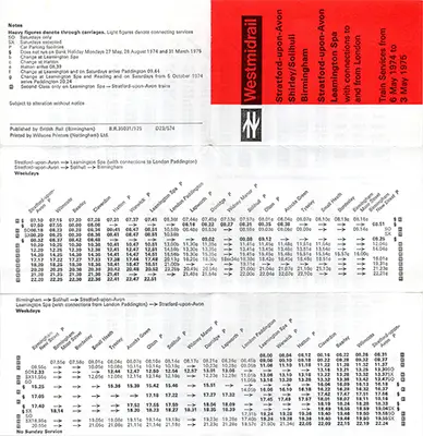 May 1974 Stratford-upon-Avon - Birmingham timetable outside